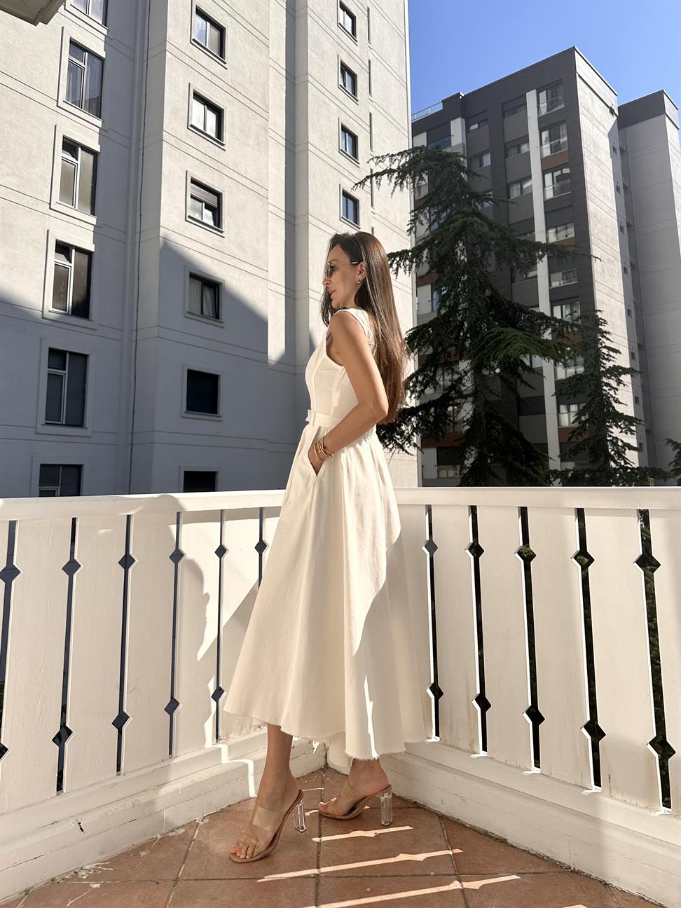 Ekru Fermuarlı Denim Elbise