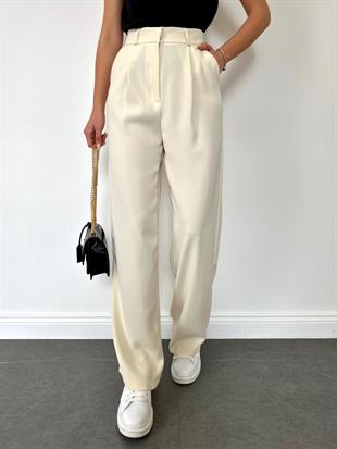 Ekru Geniş Paça Kadın Kumaş Pantolon