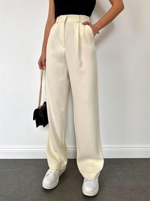Ekru Geniş Paça Kadın Kumaş Pantolon
