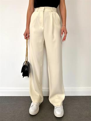 Ekru Geniş Paça Kadın Kumaş Pantolon