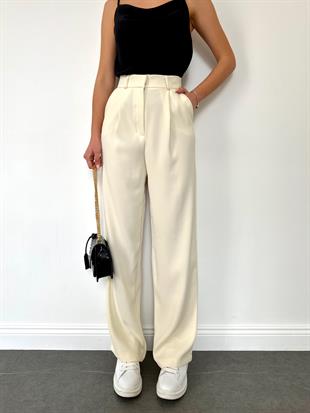 Ekru Geniş Paça Kadın Kumaş Pantolon