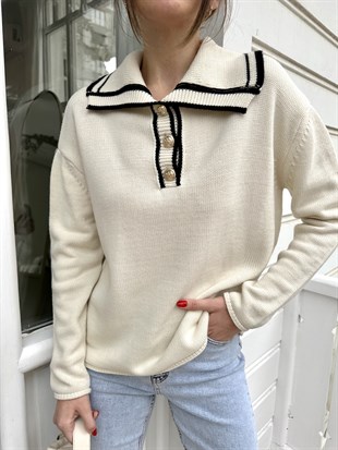 Ekru Geniş Yakalı Kazak