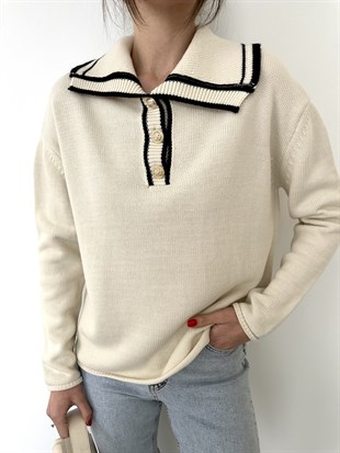 Ekru Geniş Yakalı Kazak