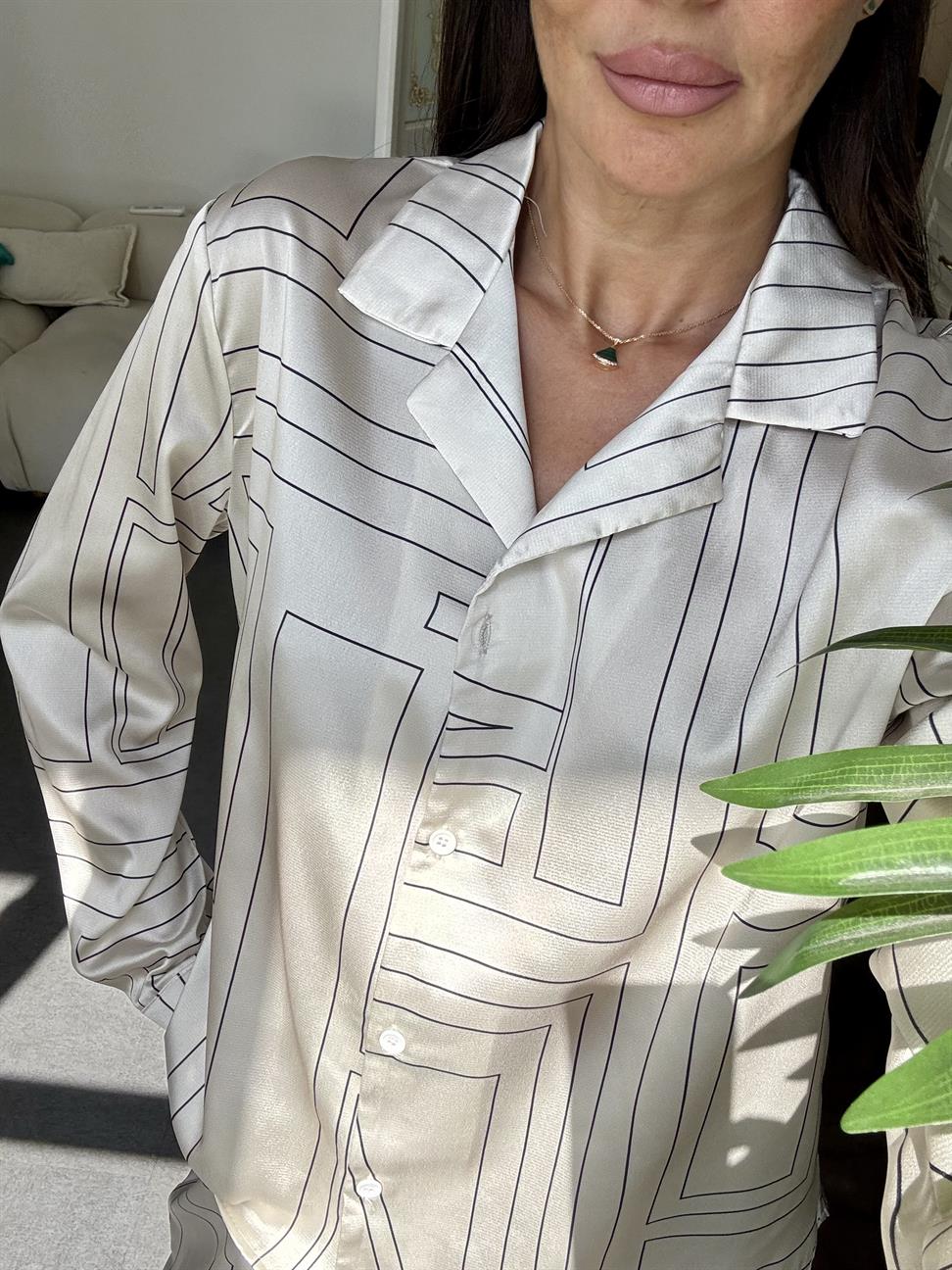 Ekru Geometrik Desen Saten Takım