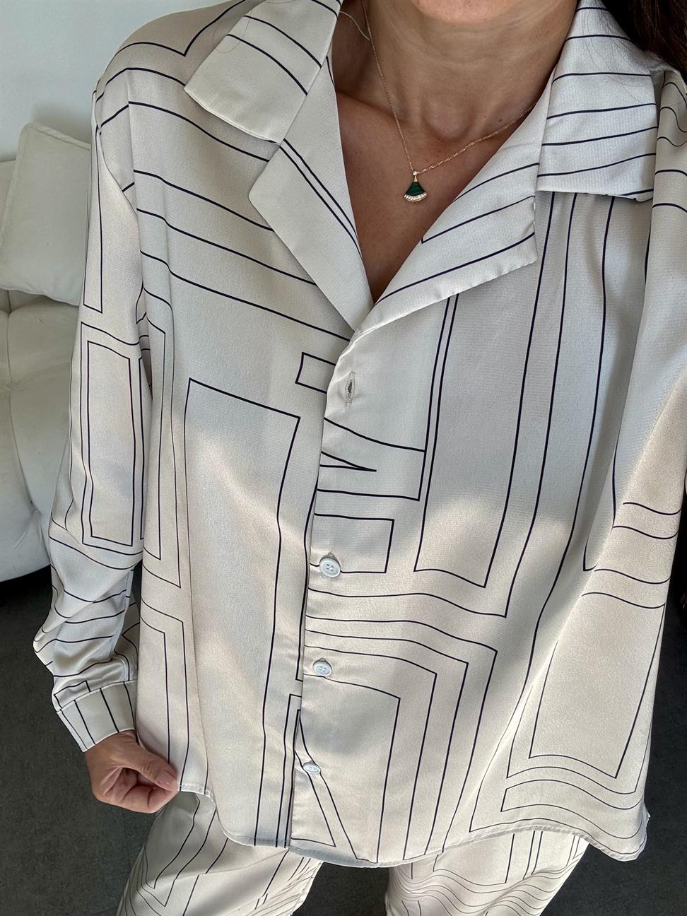 Ekru Geometrik Desen Saten Takım