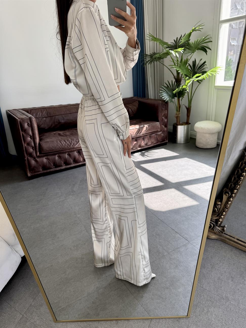 Ekru Geometrik Desen Saten Takım