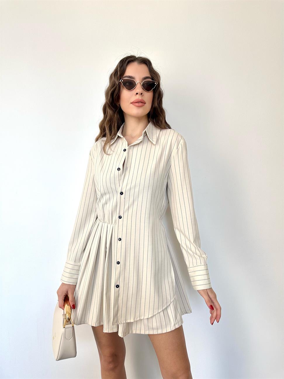 Ekru Gömlek Yaka Çizgili Elbise
