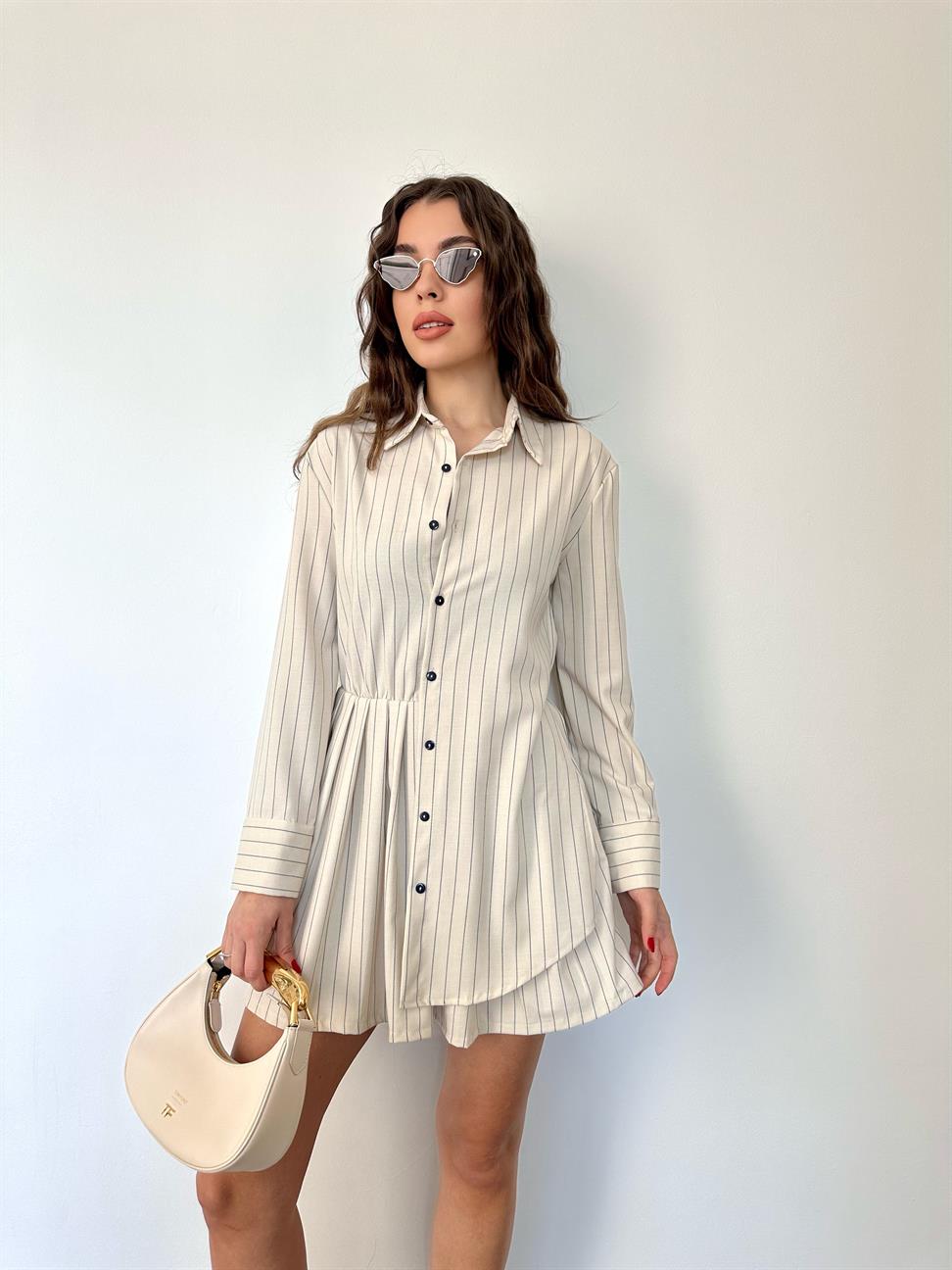 Ekru Gömlek Yaka Çizgili Elbise