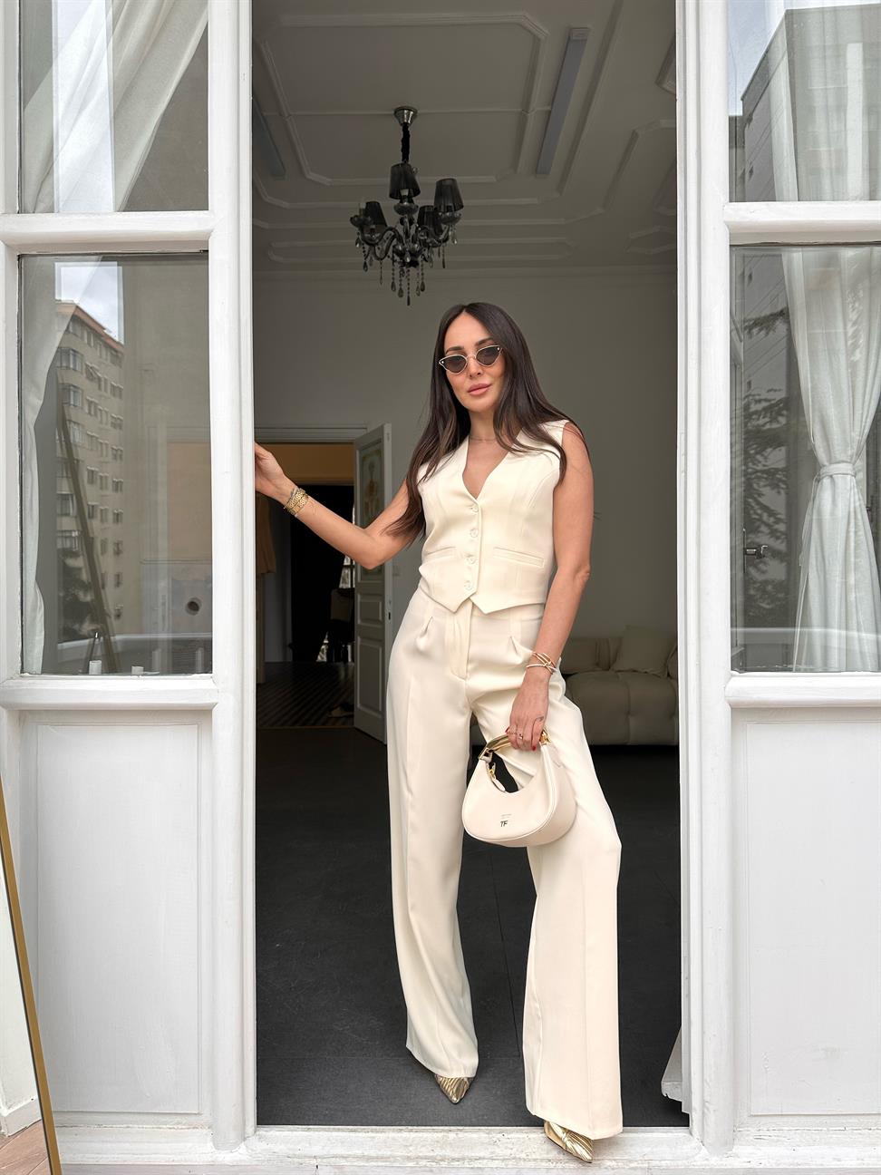 Ekru İki Pileli Palazzo Pantolon