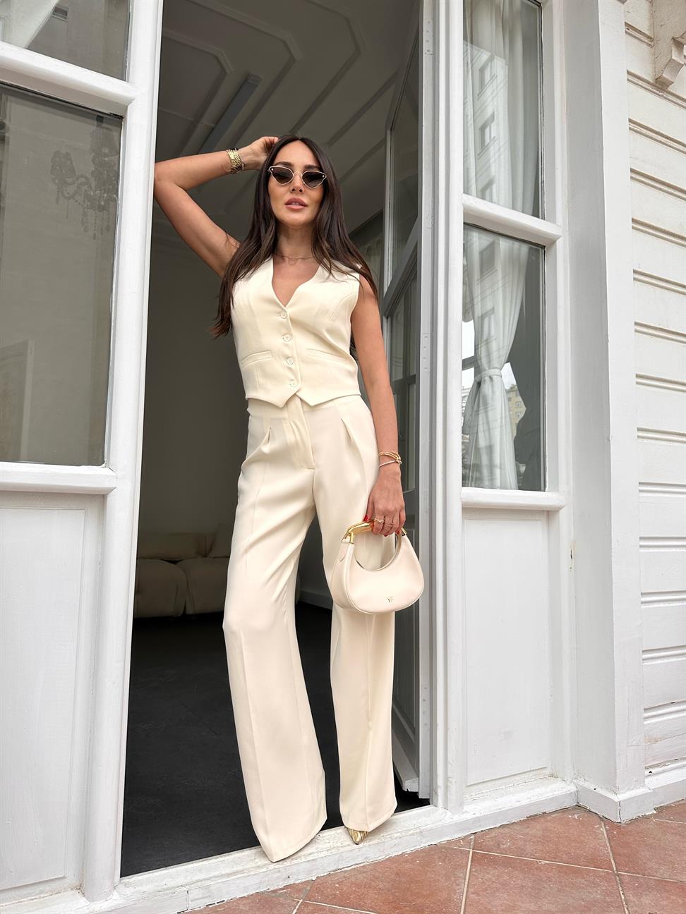 Ekru İki Pileli Palazzo Pantolon