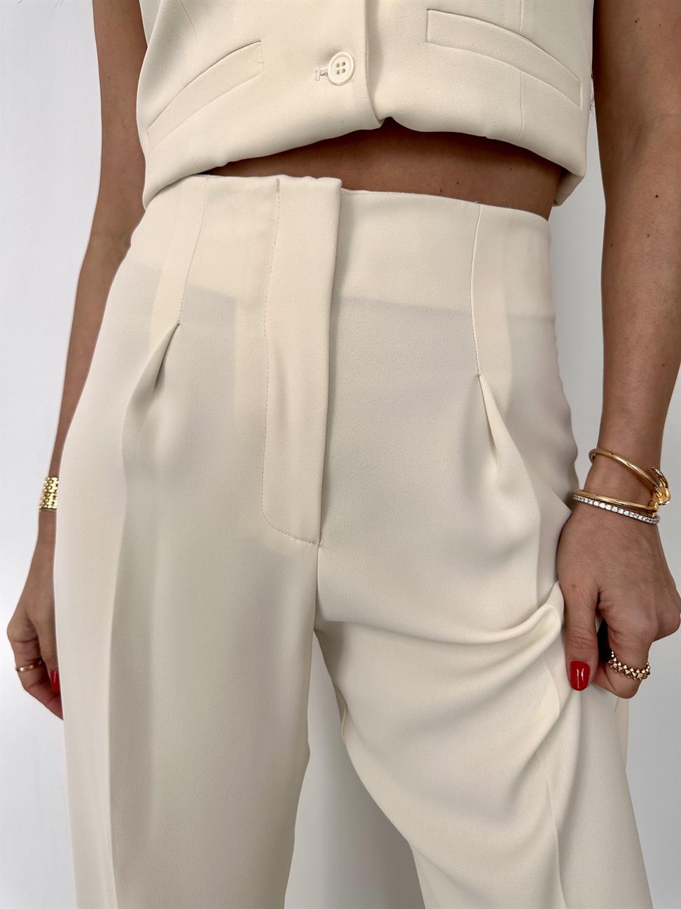 Ekru İki Pileli Palazzo Pantolon