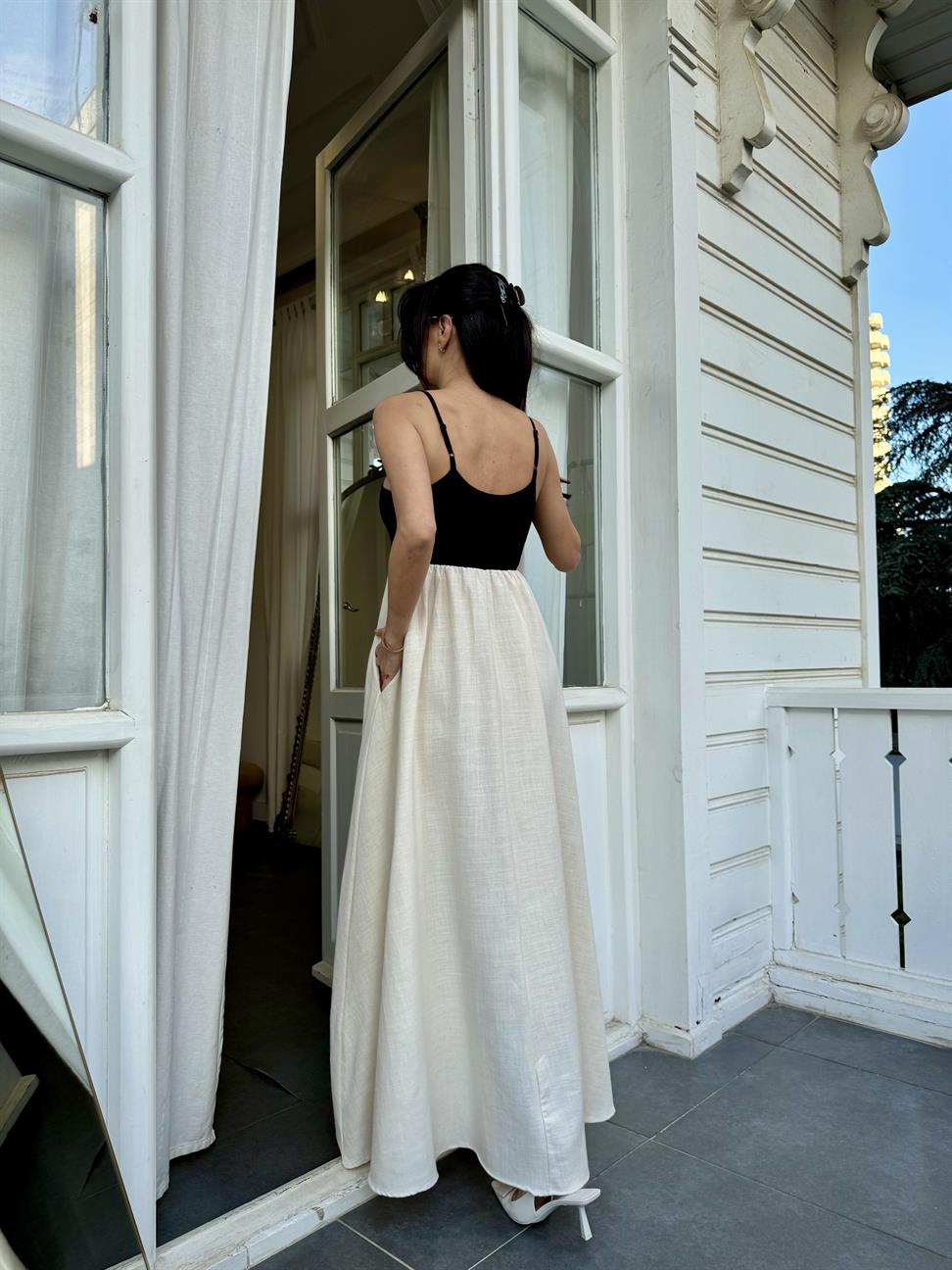 Ekru İnce Askılı Keten Napoli Elbise