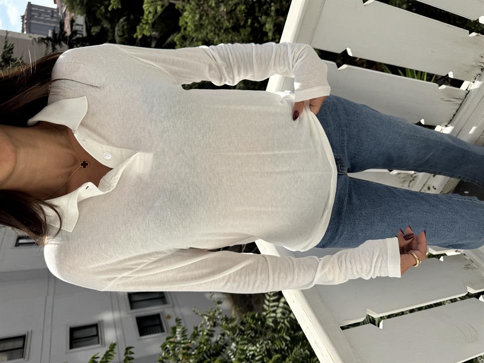 Ekru İnce Doku Polo Yaka Bluz