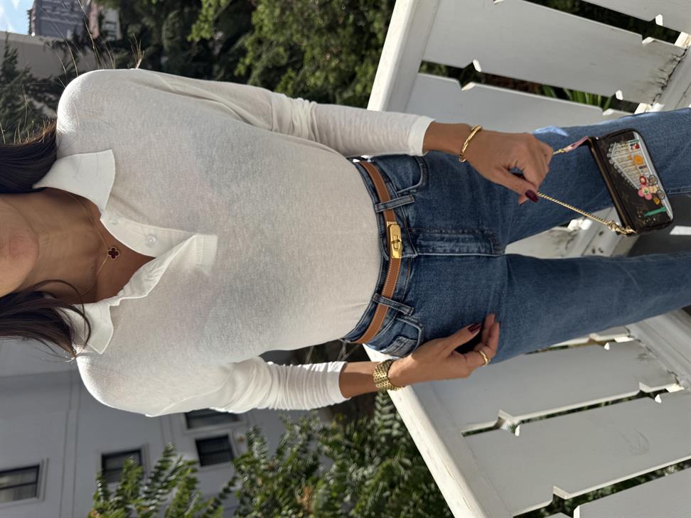 Ekru İnce Doku Polo Yaka Bluz