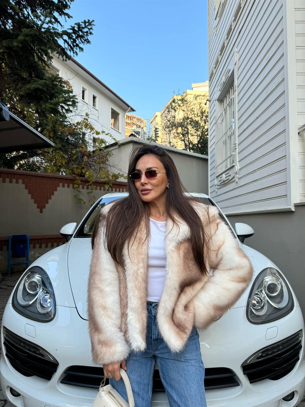 Ekru-Kahve Kürk Ceket