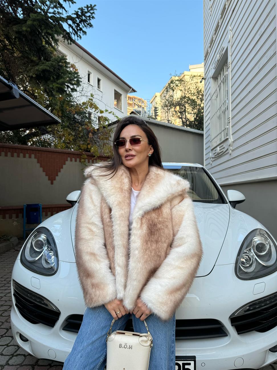 Ekru-Kahve Kürk Ceket