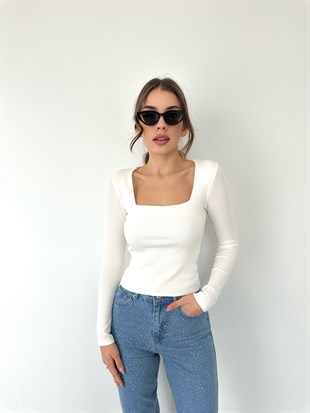 Ekru Kare Yaka Kaşkorse Bluz