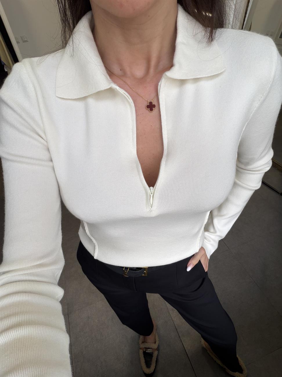 Ekru Kaşmir Karışımlı Fermuarlı Kazak