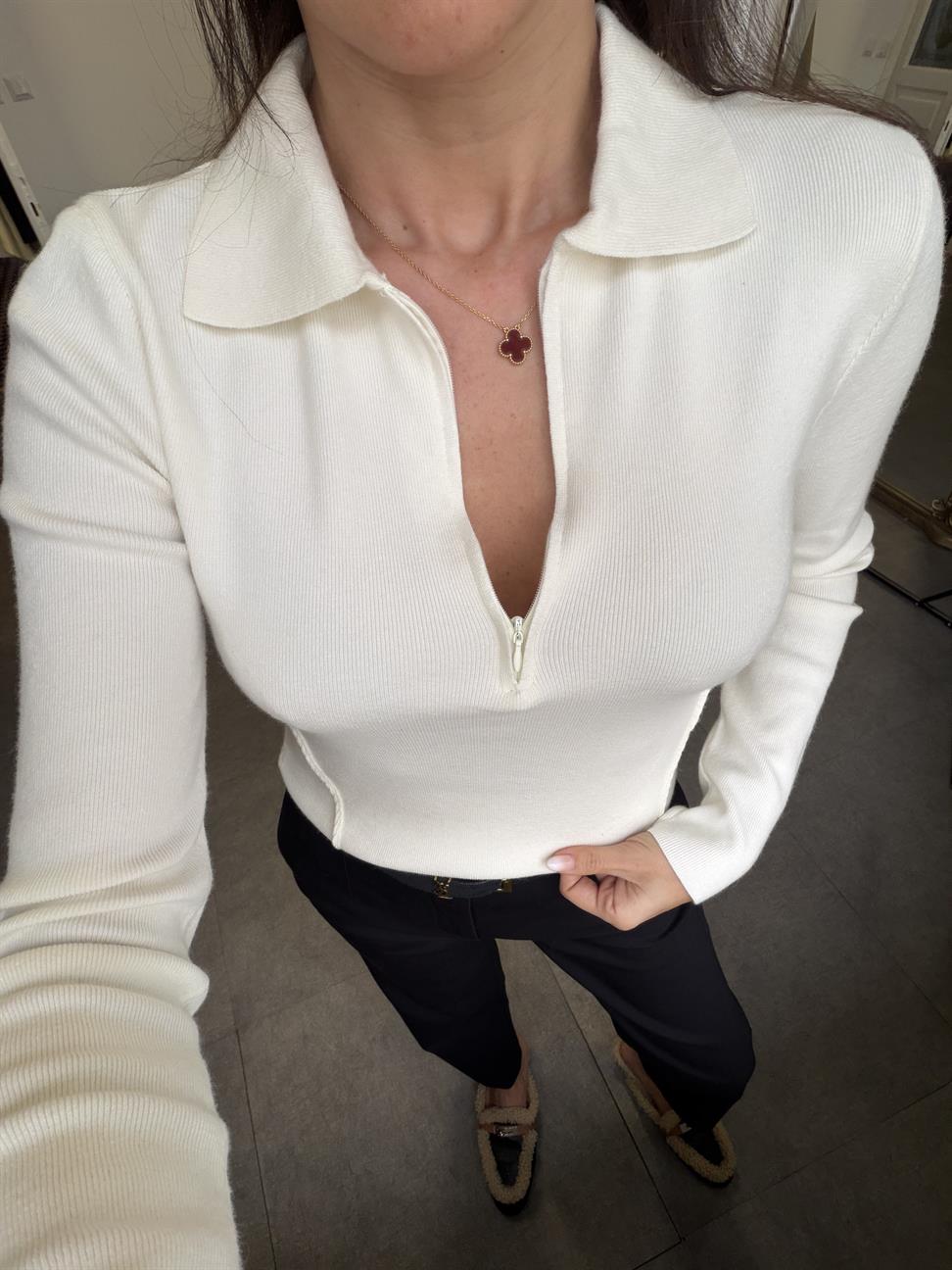 Ekru Kaşmir Karışımlı Fermuarlı Kazak