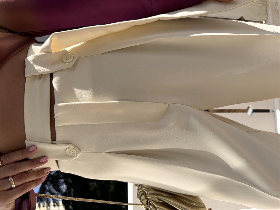 Ekru Kemerli Yüksek Bel Palazzo Kumaş Pantolon