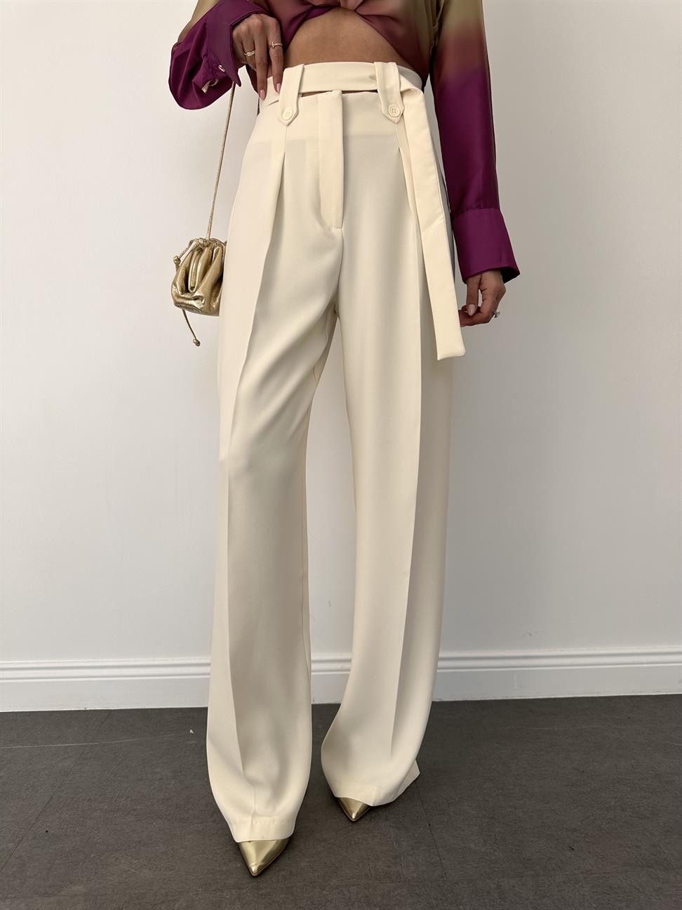 Ekru Kemerli Yüksek Bel Palazzo Kumaş Pantolon