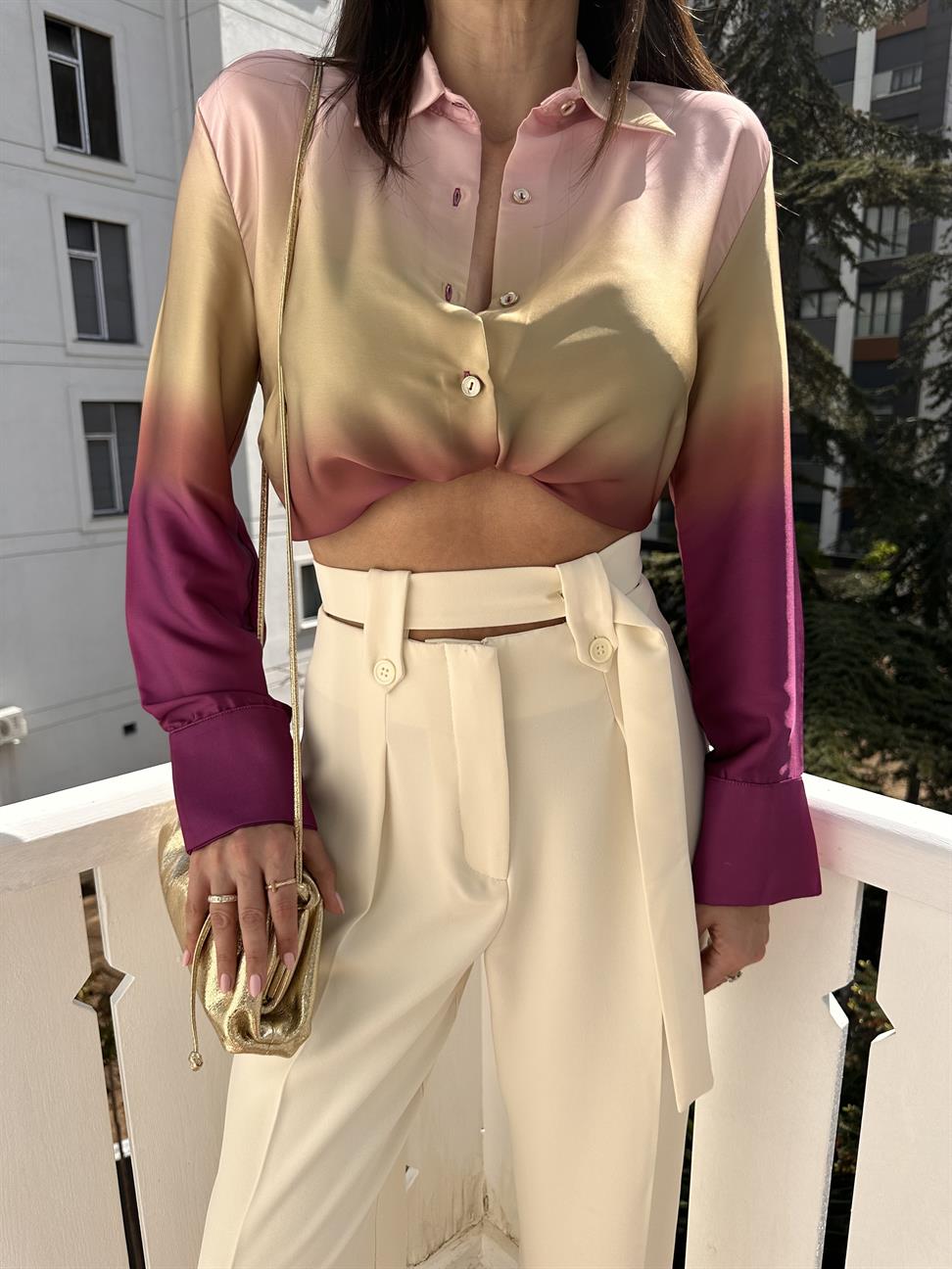 Ekru Kemerli Yüksek Bel Palazzo Kumaş Pantolon