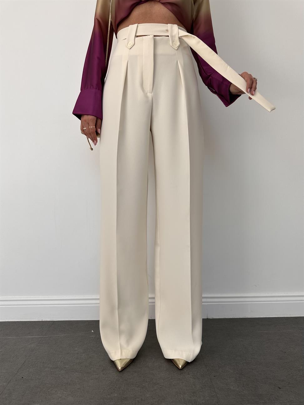Ekru Kemerli Yüksek Bel Palazzo Kumaş Pantolon