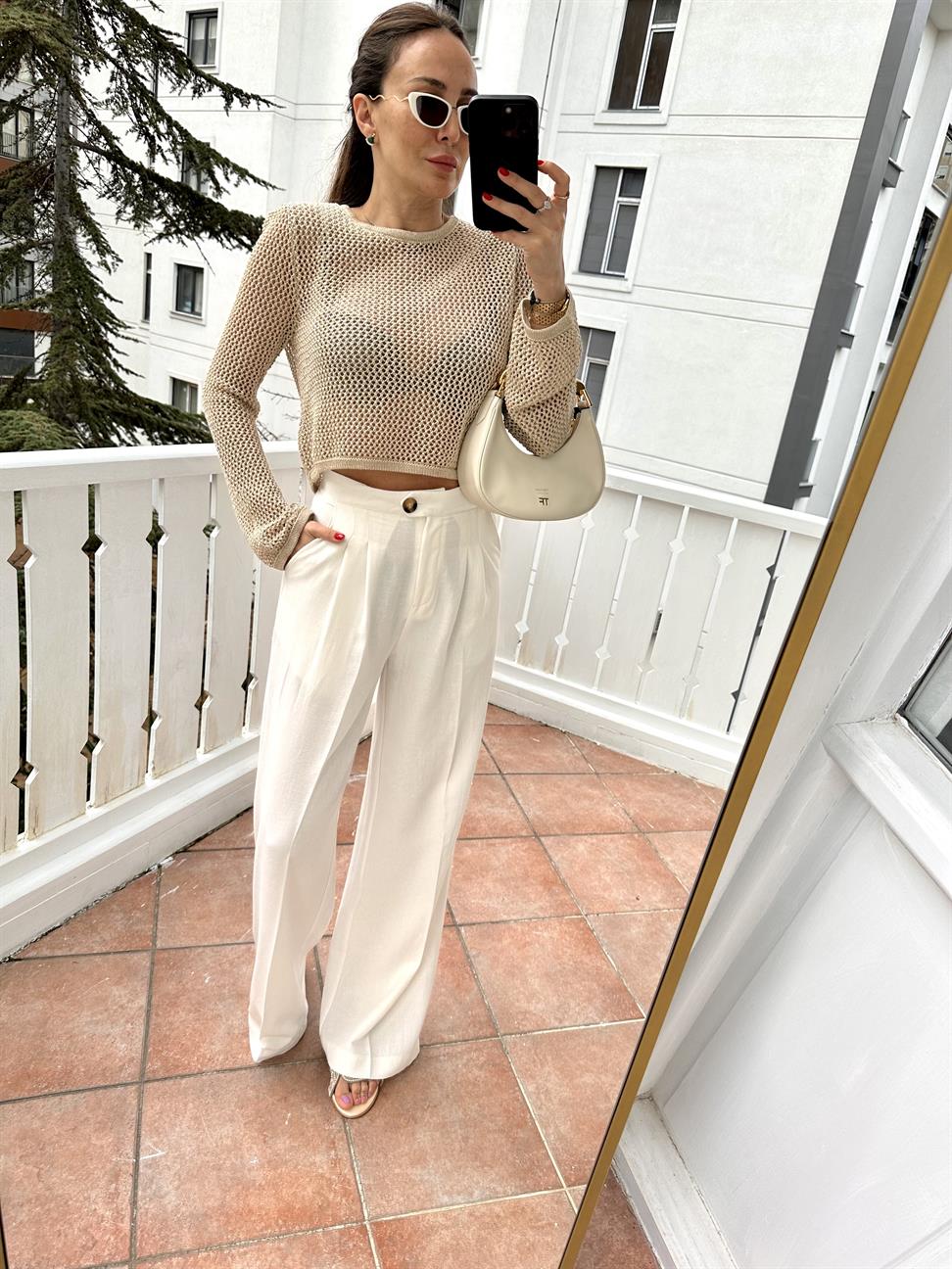 Ekru Keten Palazzo Pantolon