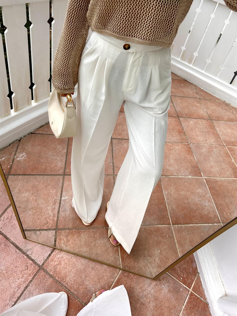 Ekru Keten Palazzo Pantolon