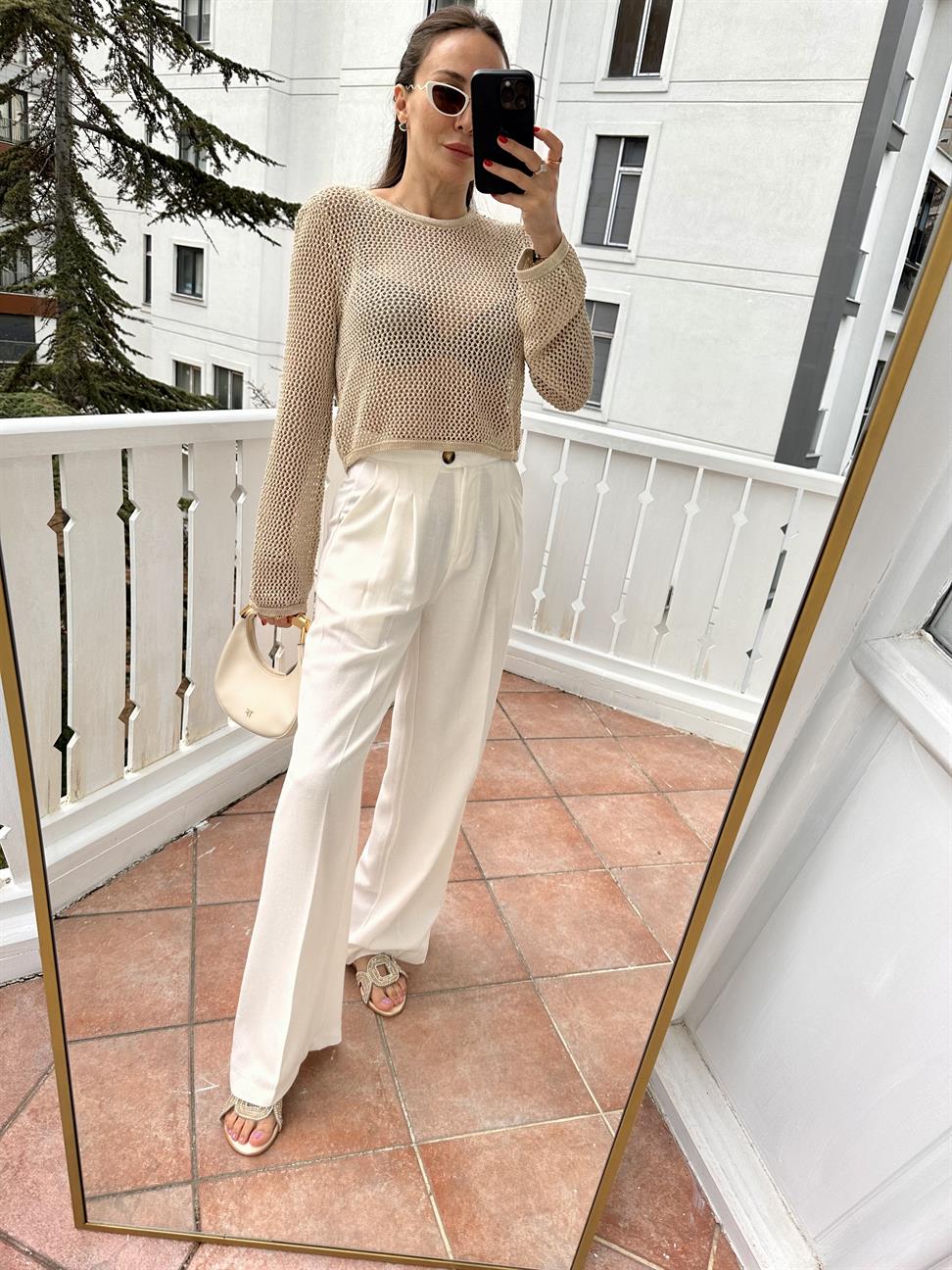 Ekru Keten Palazzo Pantolon