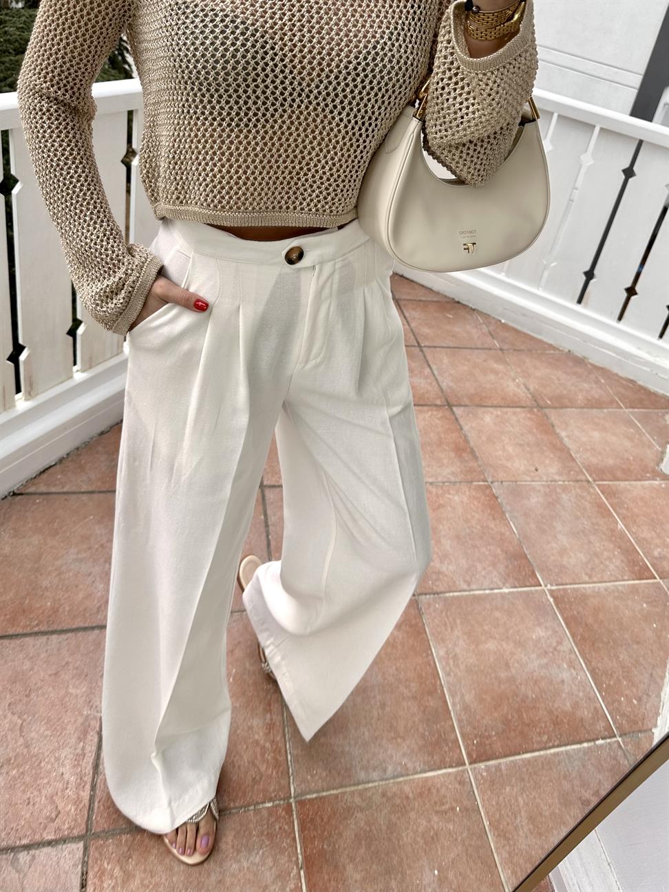 Ekru Keten Palazzo Pantolon