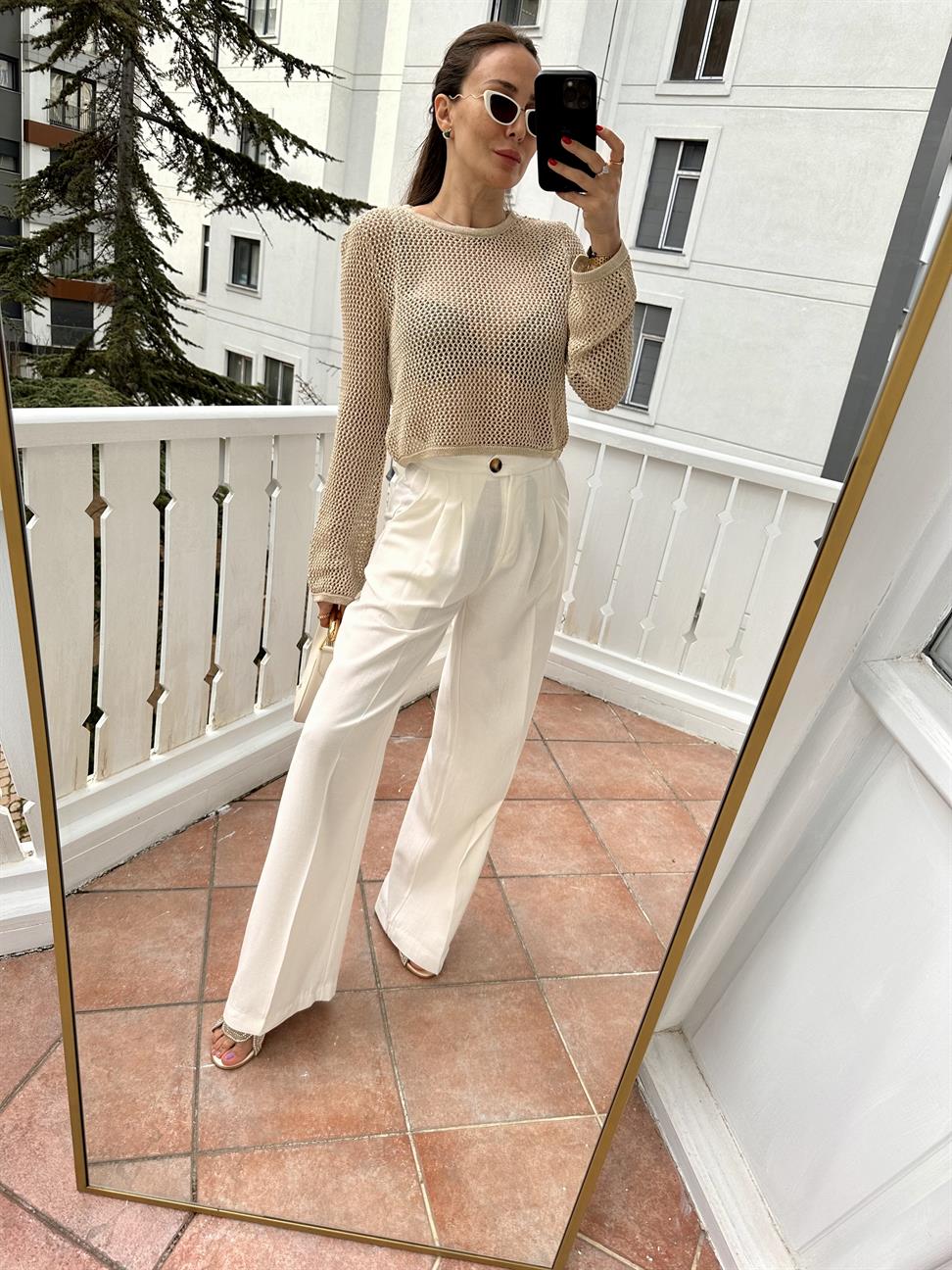 Ekru Keten Palazzo Pantolon