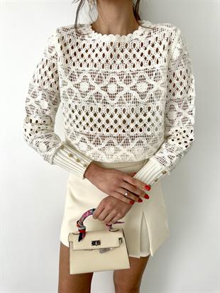 Ekru Kolları Altın Renk Düğmeli Bluz