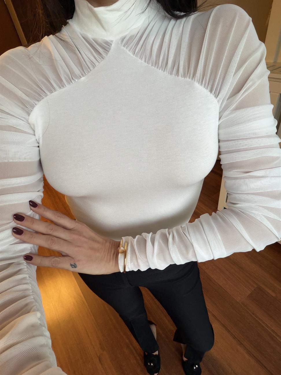 Ekru Kolları Tül Ribanalı Bluz