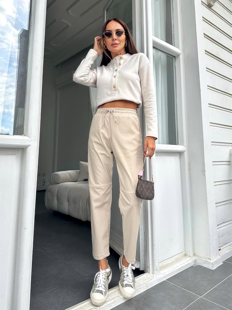 Ekru Krokodil Çimalı Deri Pantolon