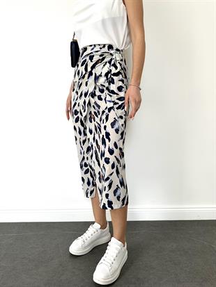 Ekru Kruvaze Yırtmaçlı Leopar Desen Etek