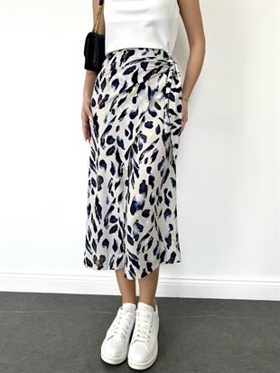 Ekru Kruvaze Yırtmaçlı Leopar Desen Etek