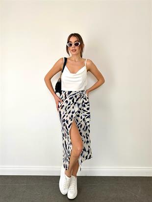 Ekru Kruvaze Yırtmaçlı Leopar Desen Etek