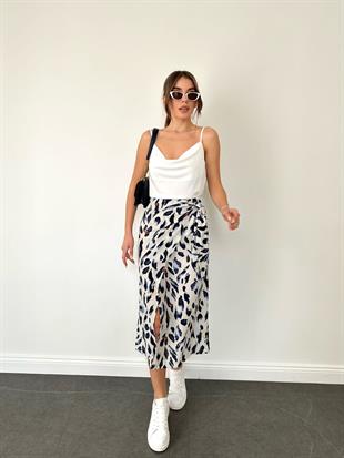 Ekru Kruvaze Yırtmaçlı Leopar Desen Etek