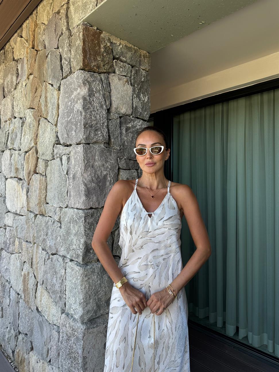 Ekru Leopar Saten Elbise