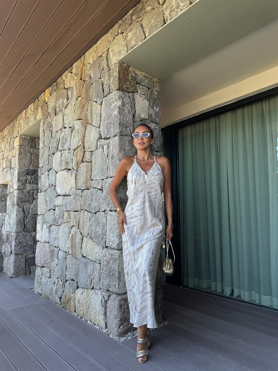 Ekru Leopar Saten Elbise