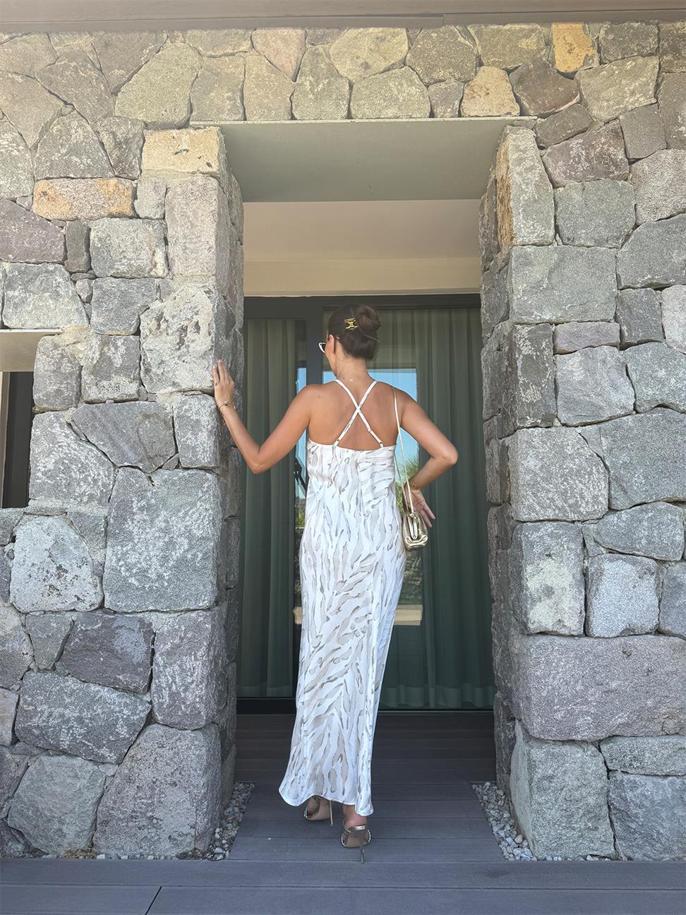 Ekru Leopar Saten Elbise