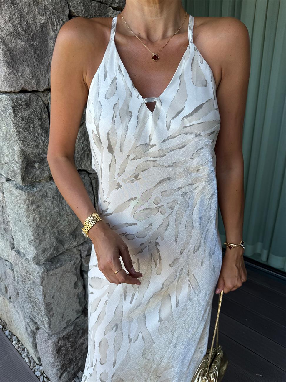 Ekru Leopar Saten Elbise