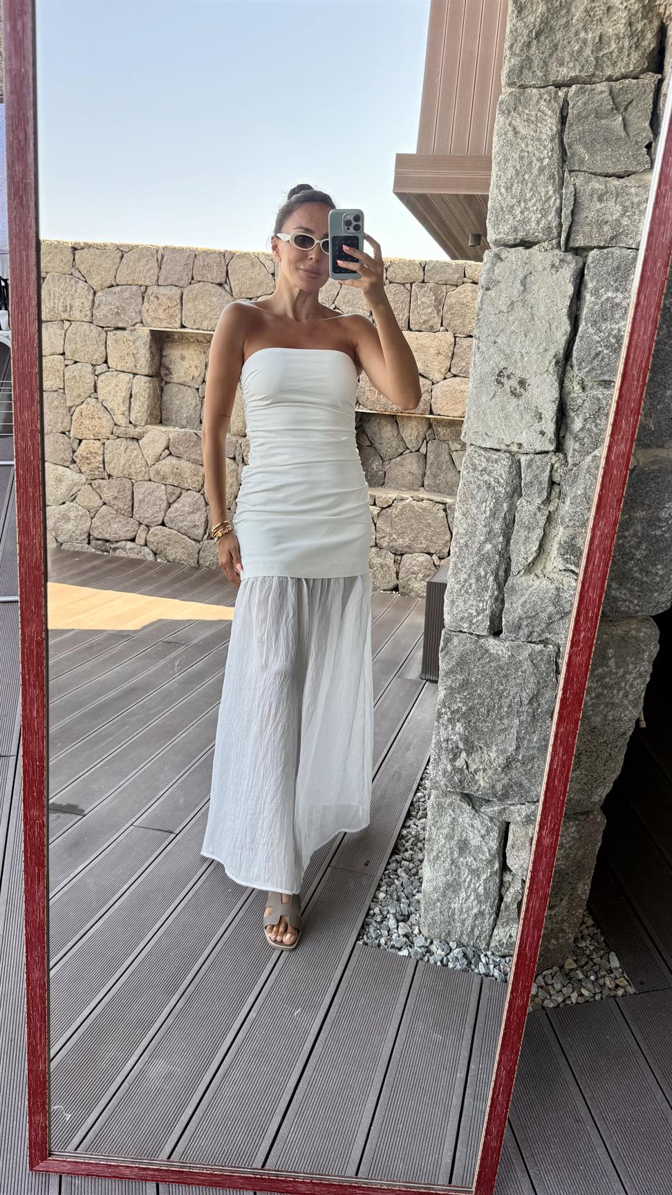 Ekru Midi Straplez Elbise