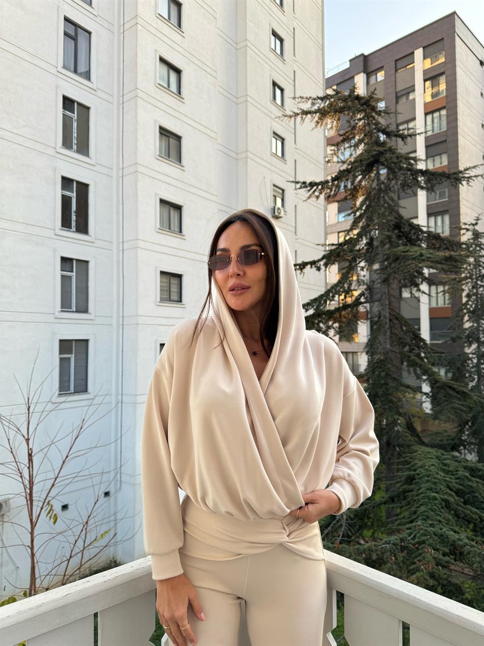 Ekru Modal Kruvaze Bluz Takım