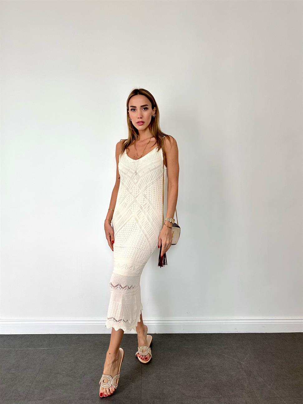 Ekru Ön Arka V Kesimli İç Astarlı Romantic Stil Örgü Elbise