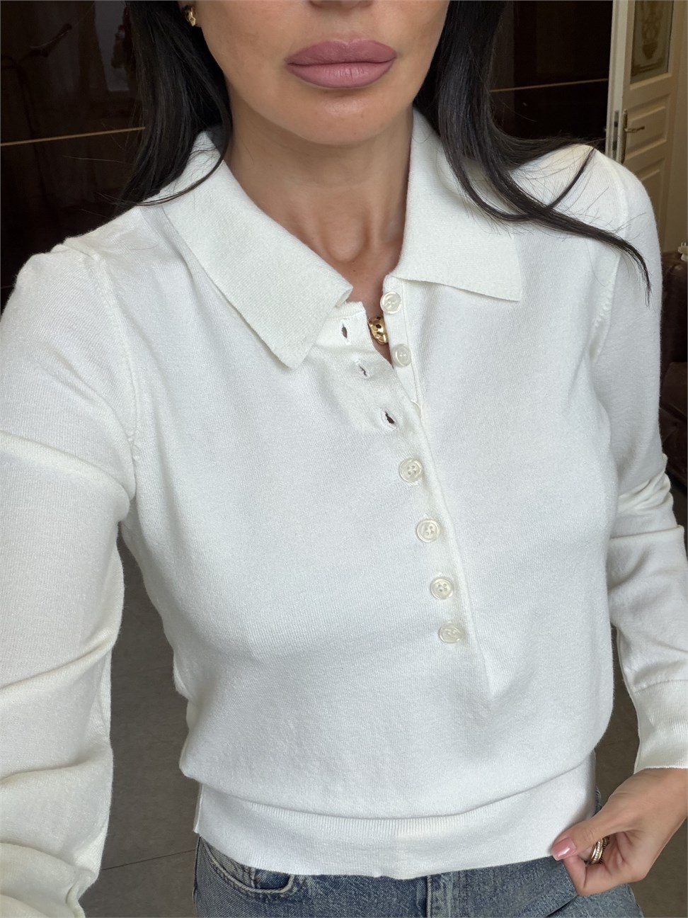 Ekru Önden Düğmeli Polo Yaka Kazak