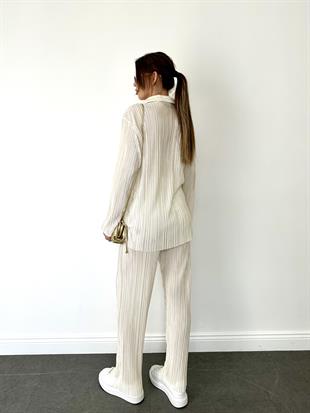 Ekru Pileli Gömlek Pantolon Takım