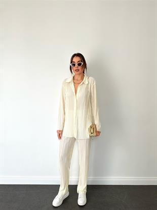 Ekru Pileli Gömlek Pantolon Takım