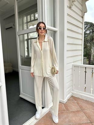 Ekru Pileli Gömlek Pantolon Takım